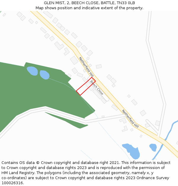 GLEN MIST, 2, BEECH CLOSE, BATTLE, TN33 0LB: Location map and indicative extent of plot