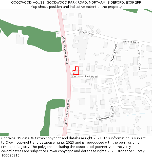 GOODWOOD HOUSE, GOODWOOD PARK ROAD, NORTHAM, BIDEFORD, EX39 2RR: Location map and indicative extent of plot