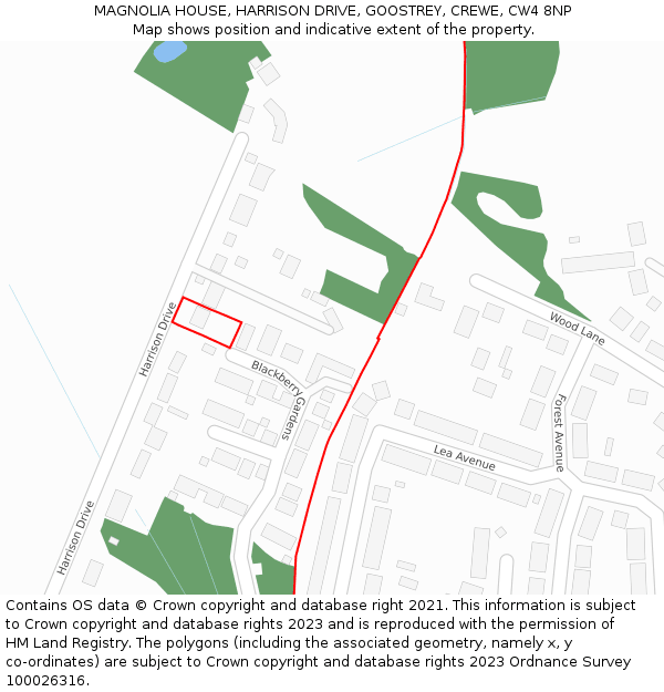 MAGNOLIA HOUSE, HARRISON DRIVE, GOOSTREY, CREWE, CW4 8NP: Location map and indicative extent of plot