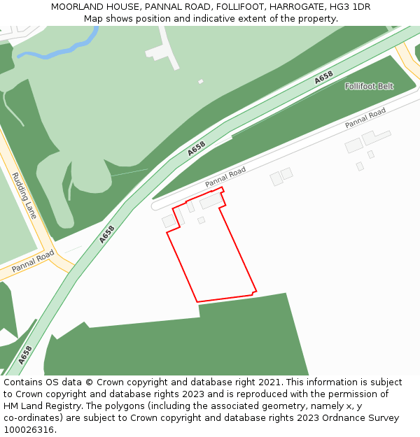 MOORLAND HOUSE, PANNAL ROAD, FOLLIFOOT, HARROGATE, HG3 1DR: Location map and indicative extent of plot