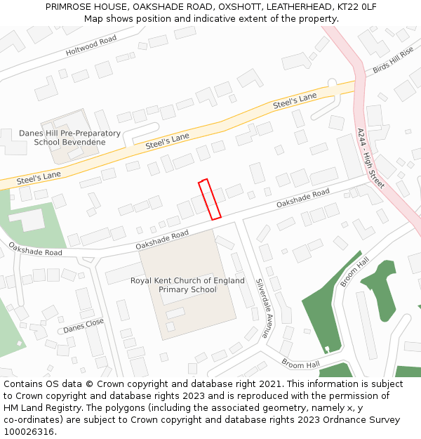 PRIMROSE HOUSE, OAKSHADE ROAD, OXSHOTT, LEATHERHEAD, KT22 0LF: Location map and indicative extent of plot