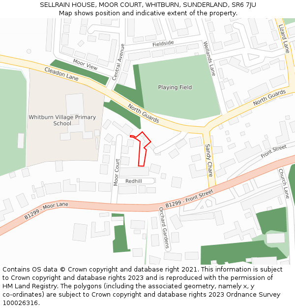 SELLRAIN HOUSE, MOOR COURT, WHITBURN, SUNDERLAND, SR6 7JU: Location map and indicative extent of plot