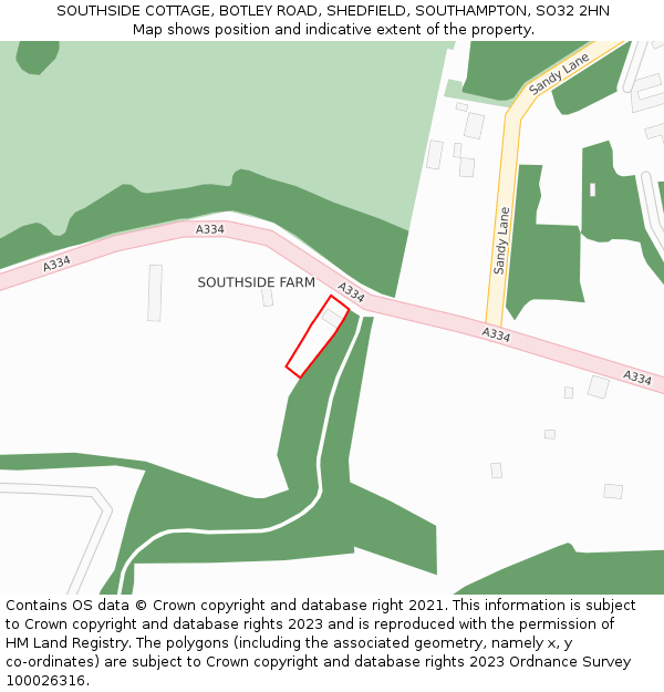 SOUTHSIDE COTTAGE, BOTLEY ROAD, SHEDFIELD, SOUTHAMPTON, SO32 2HN: Location map and indicative extent of plot