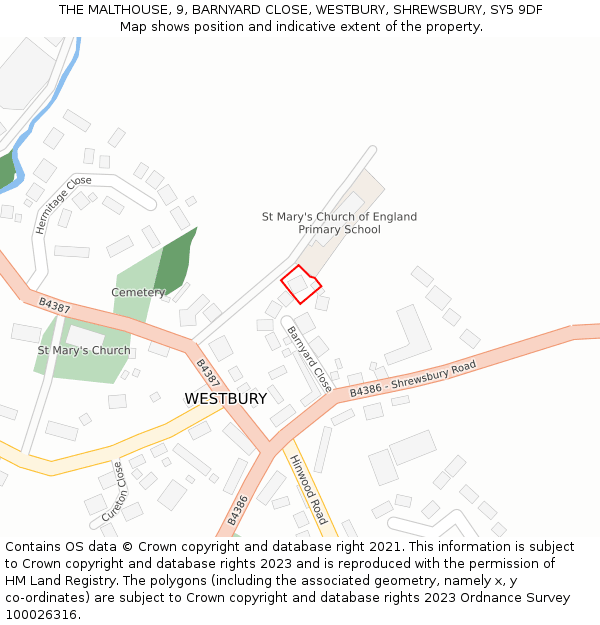 THE MALTHOUSE, 9, BARNYARD CLOSE, WESTBURY, SHREWSBURY, SY5 9DF: Location map and indicative extent of plot