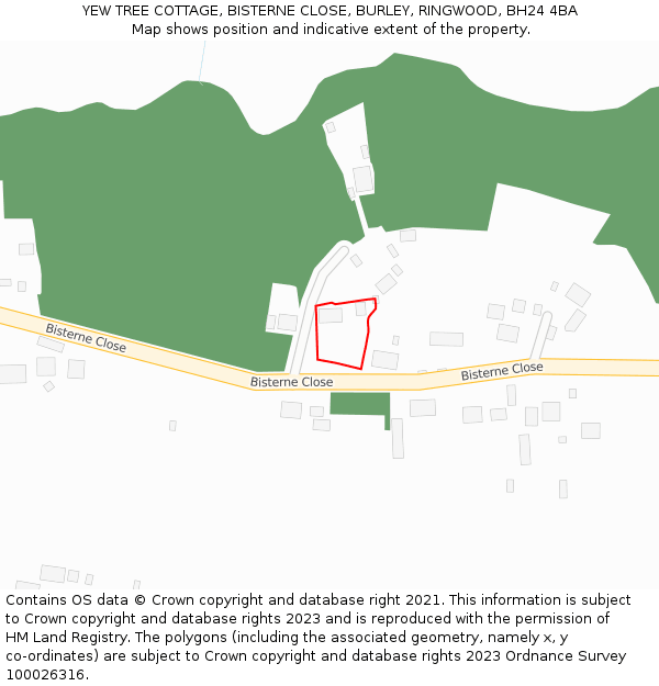 YEW TREE COTTAGE, BISTERNE CLOSE, BURLEY, RINGWOOD, BH24 4BA: Location map and indicative extent of plot