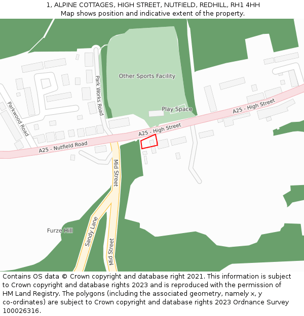1, ALPINE COTTAGES, HIGH STREET, NUTFIELD, REDHILL, RH1 4HH: Location map and indicative extent of plot