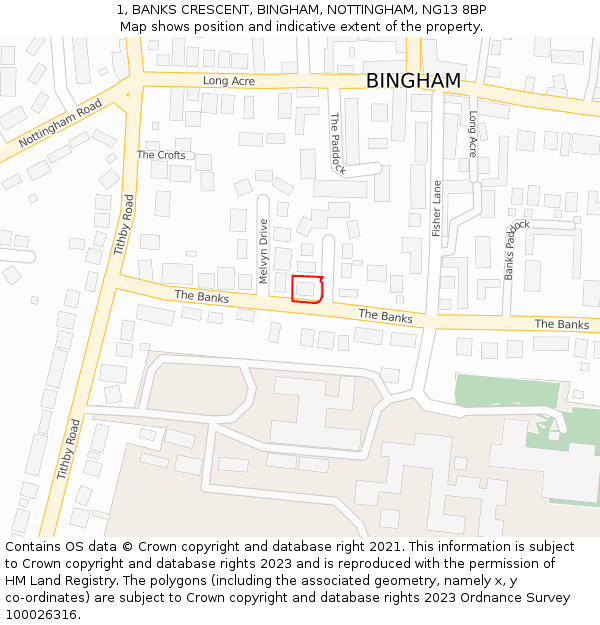 1, BANKS CRESCENT, BINGHAM, NOTTINGHAM, NG13 8BP: Location map and indicative extent of plot