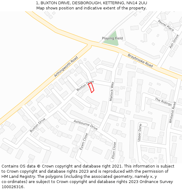 1, BUXTON DRIVE, DESBOROUGH, KETTERING, NN14 2UU: Location map and indicative extent of plot