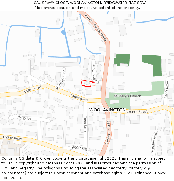 1, CAUSEWAY CLOSE, WOOLAVINGTON, BRIDGWATER, TA7 8DW: Location map and indicative extent of plot