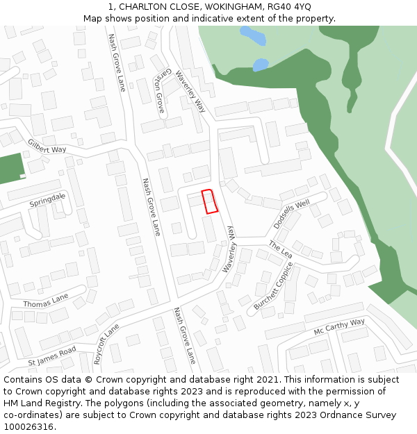1, CHARLTON CLOSE, WOKINGHAM, RG40 4YQ: Location map and indicative extent of plot