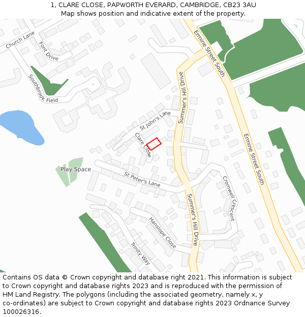 1, CLARE CLOSE, PAPWORTH EVERARD, CAMBRIDGE, CB23 3AU: Location map and indicative extent of plot