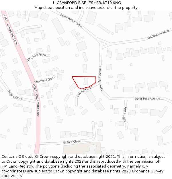1, CRANFORD RISE, ESHER, KT10 9NG: Location map and indicative extent of plot