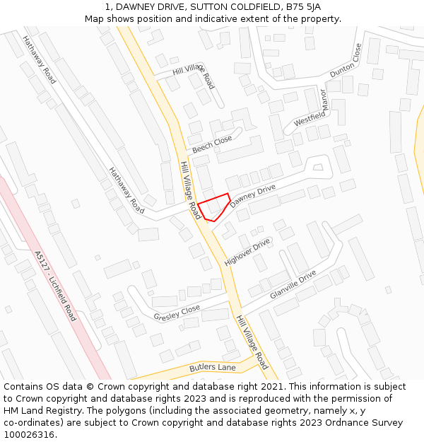 1, DAWNEY DRIVE, SUTTON COLDFIELD, B75 5JA: Location map and indicative extent of plot
