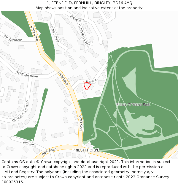 1, FERNFIELD, FERNHILL, BINGLEY, BD16 4AQ: Location map and indicative extent of plot