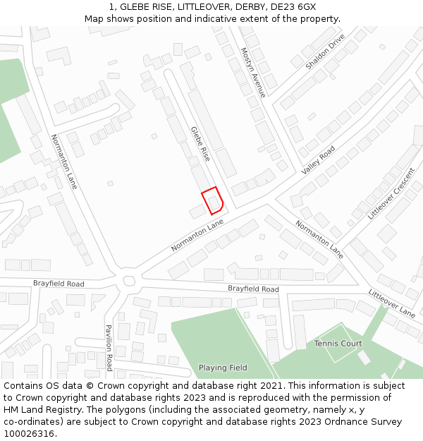 1, GLEBE RISE, LITTLEOVER, DERBY, DE23 6GX: Location map and indicative extent of plot