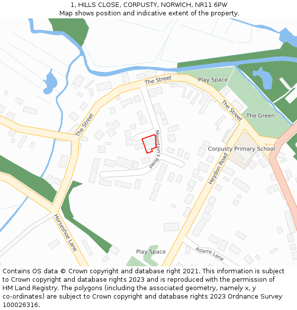 1, HILLS CLOSE, CORPUSTY, NORWICH, NR11 6PW: Location map and indicative extent of plot