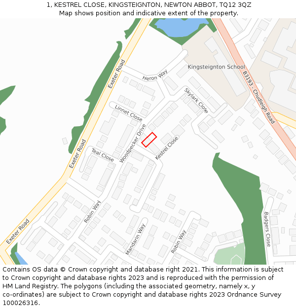 1, KESTREL CLOSE, KINGSTEIGNTON, NEWTON ABBOT, TQ12 3QZ: Location map and indicative extent of plot