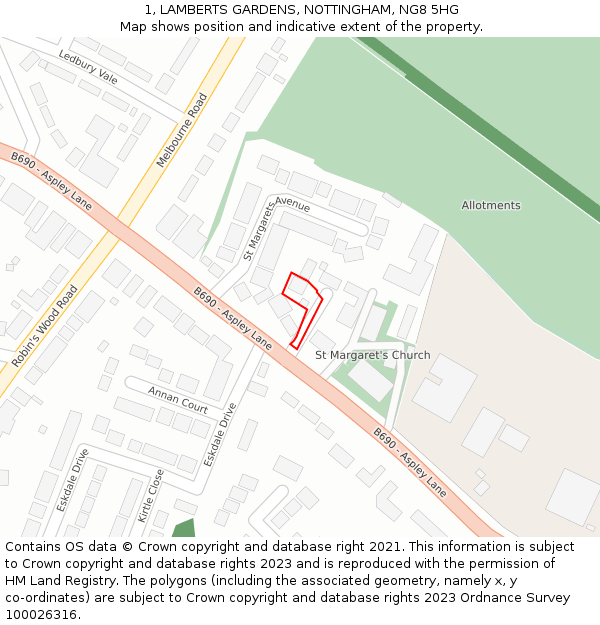 1, LAMBERTS GARDENS, NOTTINGHAM, NG8 5HG: Location map and indicative extent of plot