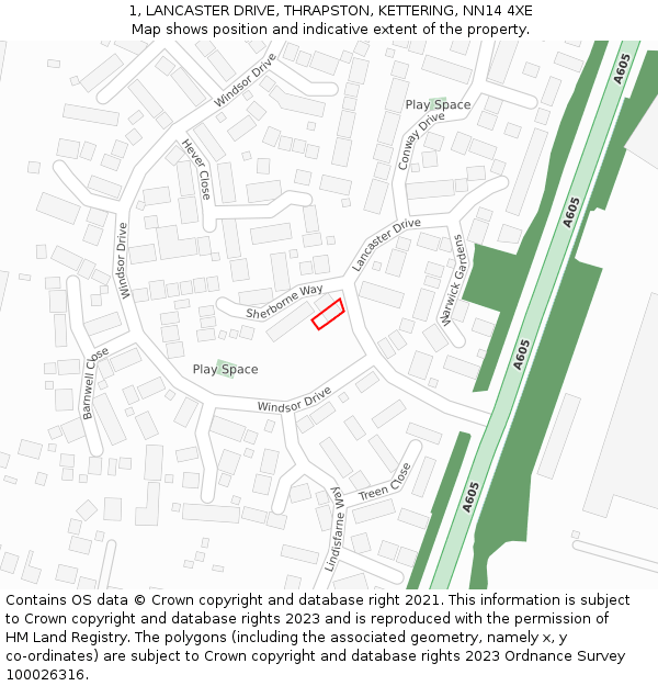 1, LANCASTER DRIVE, THRAPSTON, KETTERING, NN14 4XE: Location map and indicative extent of plot