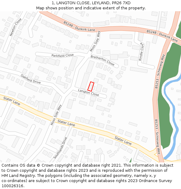 1, LANGTON CLOSE, LEYLAND, PR26 7XD: Location map and indicative extent of plot