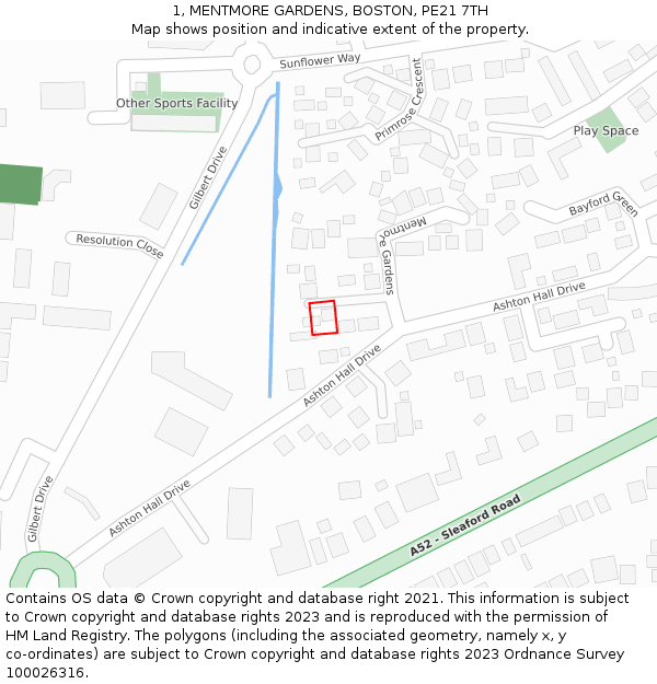 1, MENTMORE GARDENS, BOSTON, PE21 7TH: Location map and indicative extent of plot