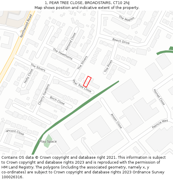 1, PEAR TREE CLOSE, BROADSTAIRS, CT10 2NJ: Location map and indicative extent of plot