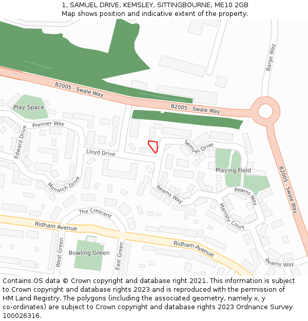 1, SAMUEL DRIVE, KEMSLEY, SITTINGBOURNE, ME10 2GB: Location map and indicative extent of plot