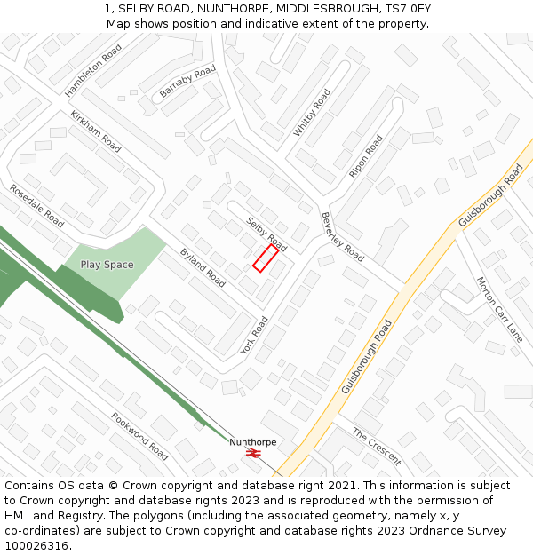 1, SELBY ROAD, NUNTHORPE, MIDDLESBROUGH, TS7 0EY: Location map and indicative extent of plot