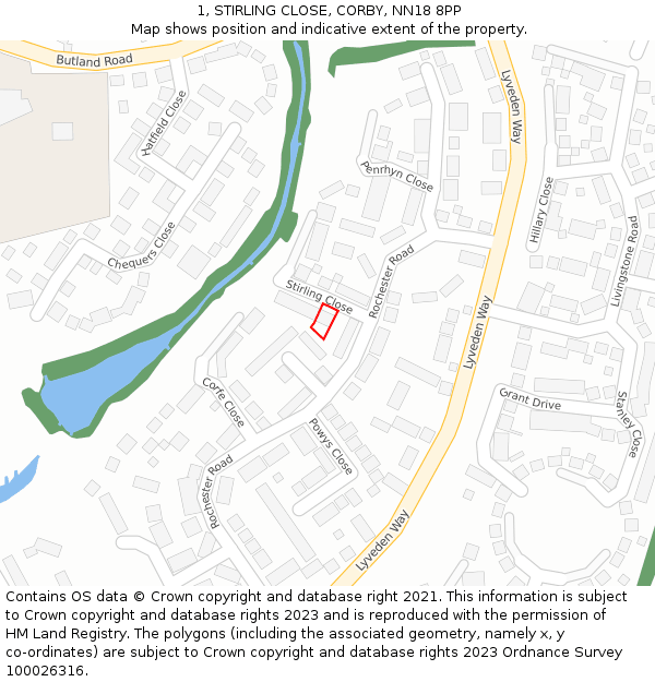 1, STIRLING CLOSE, CORBY, NN18 8PP: Location map and indicative extent of plot