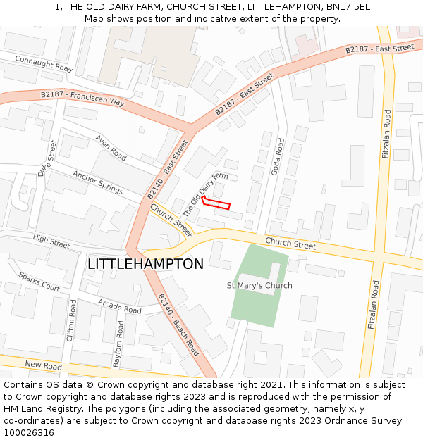 1, THE OLD DAIRY FARM, CHURCH STREET, LITTLEHAMPTON, BN17 5EL: Location map and indicative extent of plot