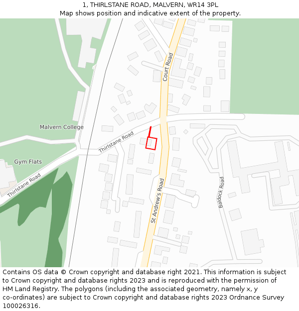 1, THIRLSTANE ROAD, MALVERN, WR14 3PL: Location map and indicative extent of plot