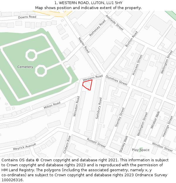 1, WESTERN ROAD, LUTON, LU1 5HY: Location map and indicative extent of plot