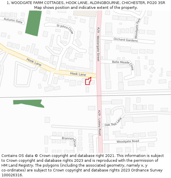 1, WOODGATE FARM COTTAGES, HOOK LANE, ALDINGBOURNE, CHICHESTER, PO20 3SR: Location map and indicative extent of plot