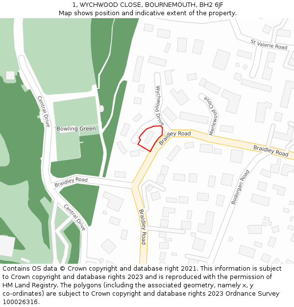 1, WYCHWOOD CLOSE, BOURNEMOUTH, BH2 6JF: Location map and indicative extent of plot