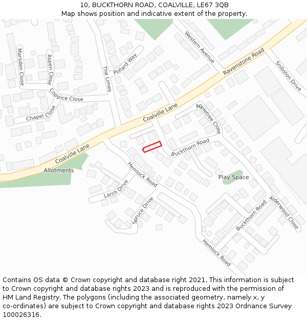 10, BUCKTHORN ROAD, COALVILLE, LE67 3QB: Location map and indicative extent of plot