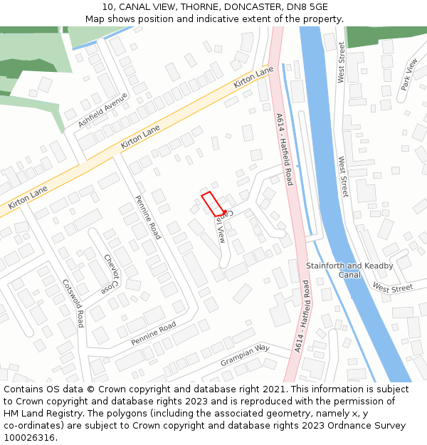 10, CANAL VIEW, THORNE, DONCASTER, DN8 5GE: Location map and indicative extent of plot