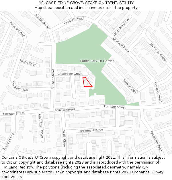 10, CASTLEDINE GROVE, STOKE-ON-TRENT, ST3 1TY: Location map and indicative extent of plot