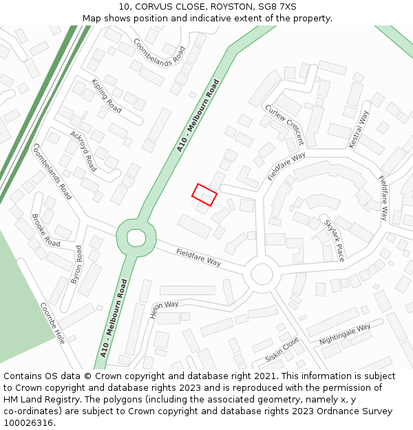 10, CORVUS CLOSE, ROYSTON, SG8 7XS: Location map and indicative extent of plot