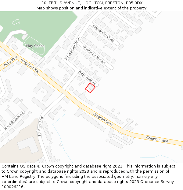 10, FRITHS AVENUE, HOGHTON, PRESTON, PR5 0DX: Location map and indicative extent of plot