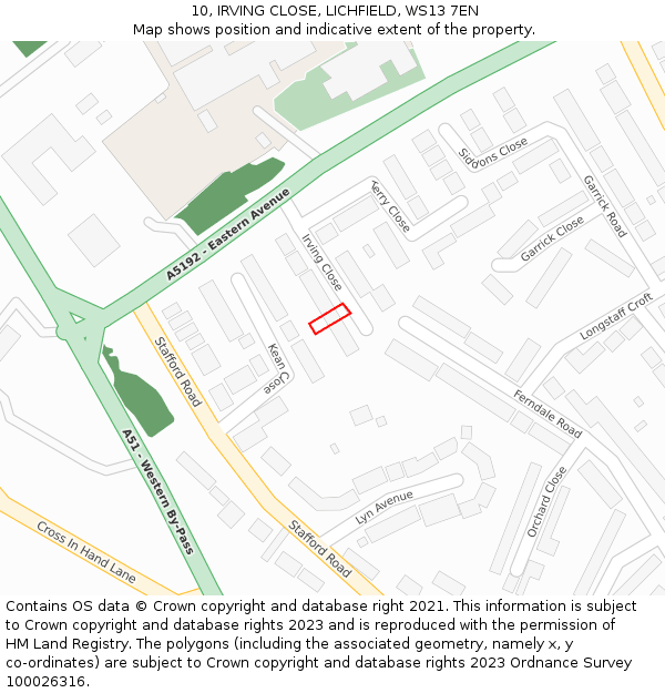 10, IRVING CLOSE, LICHFIELD, WS13 7EN: Location map and indicative extent of plot