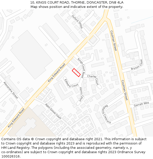 10, KINGS COURT ROAD, THORNE, DONCASTER, DN8 4LA: Location map and indicative extent of plot