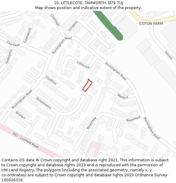 10, LITTLECOTE, TAMWORTH, B79 7UJ: Location map and indicative extent of plot