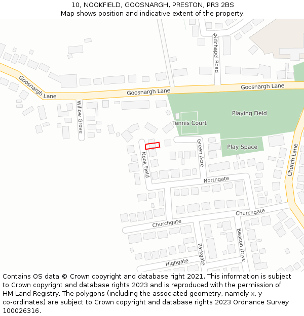 10, NOOKFIELD, GOOSNARGH, PRESTON, PR3 2BS: Location map and indicative extent of plot