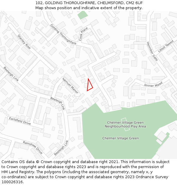 102, GOLDING THOROUGHFARE, CHELMSFORD, CM2 6UF: Location map and indicative extent of plot