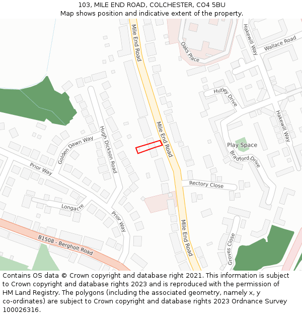 103, MILE END ROAD, COLCHESTER, CO4 5BU: Location map and indicative extent of plot