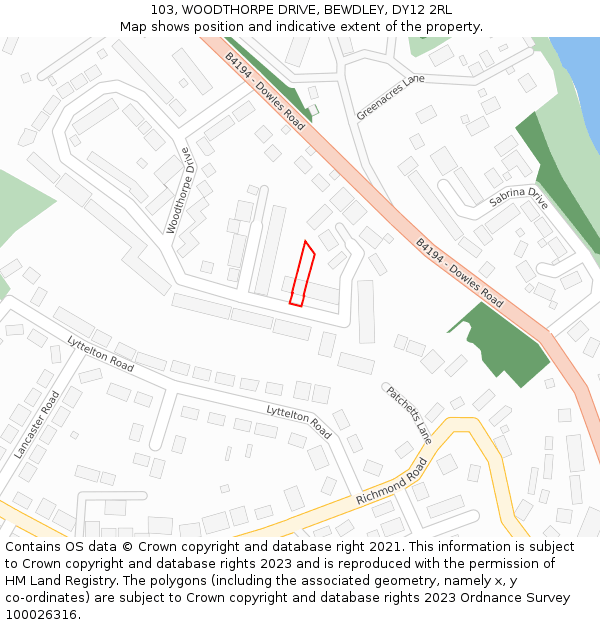 103, WOODTHORPE DRIVE, BEWDLEY, DY12 2RL: Location map and indicative extent of plot