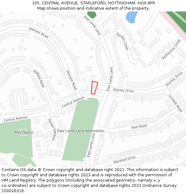 105, CENTRAL AVENUE, STAPLEFORD, NOTTINGHAM, NG9 8PR: Location map and indicative extent of plot