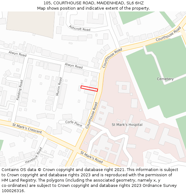 105, COURTHOUSE ROAD, MAIDENHEAD, SL6 6HZ: Location map and indicative extent of plot