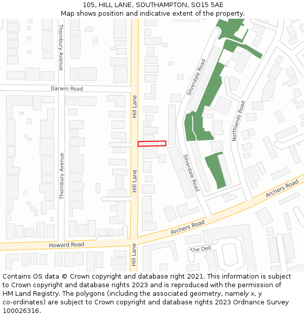 105, HILL LANE, SOUTHAMPTON, SO15 5AE: Location map and indicative extent of plot