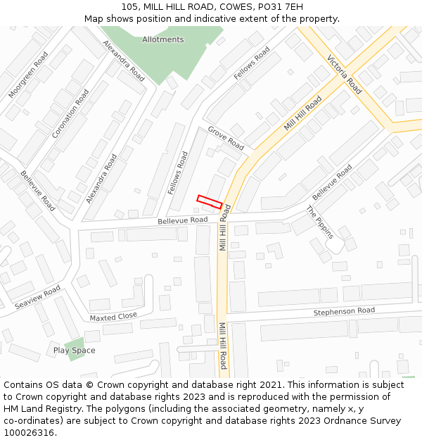 105, MILL HILL ROAD, COWES, PO31 7EH: Location map and indicative extent of plot
